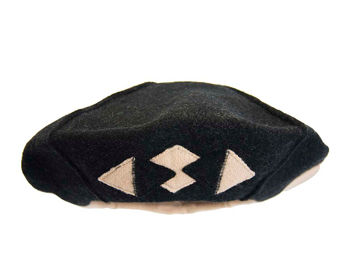 Warm beige and black woolen European Made beret - Fascinators.com.au