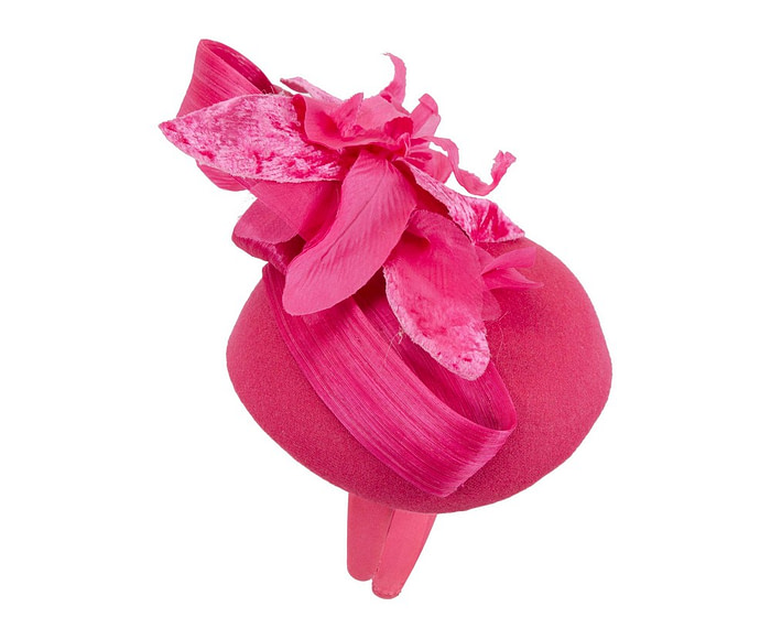 Bespoke fuchsia pillbox winter fascinator with flower by Fillies Collection - Image 3