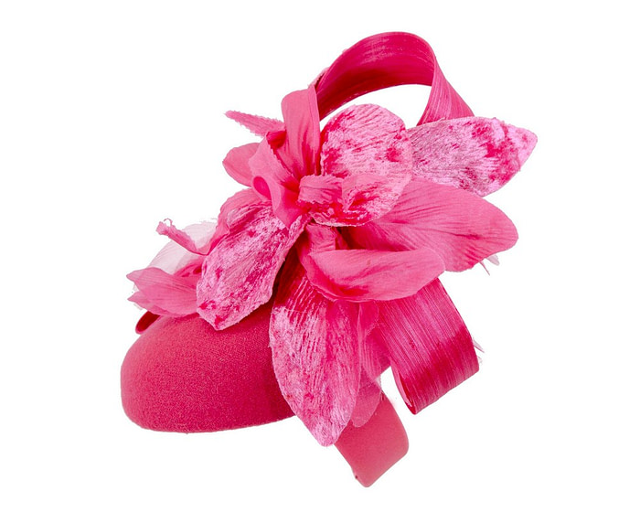 Bespoke fuchsia pillbox winter fascinator with flower by Fillies Collection - Image 6