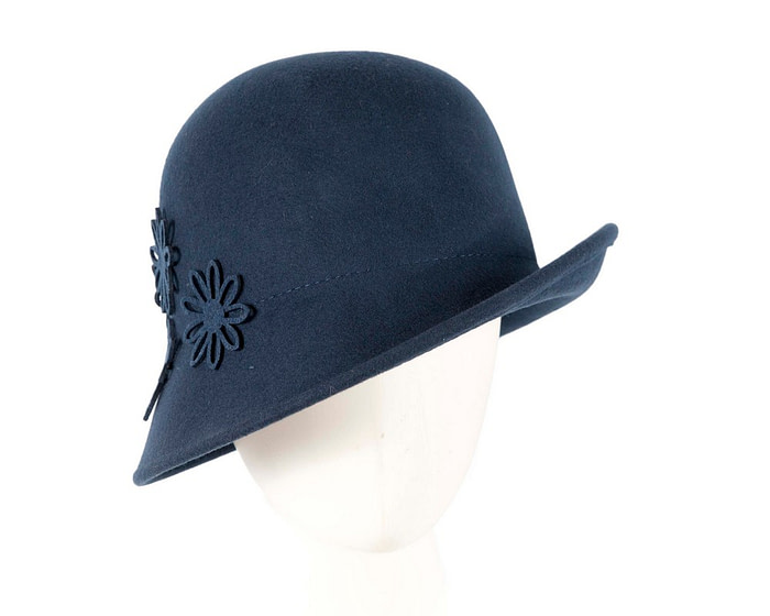 Navy cloche winter felt hat with laser-cut flowers by Max Alexander - Fascinators.com.au