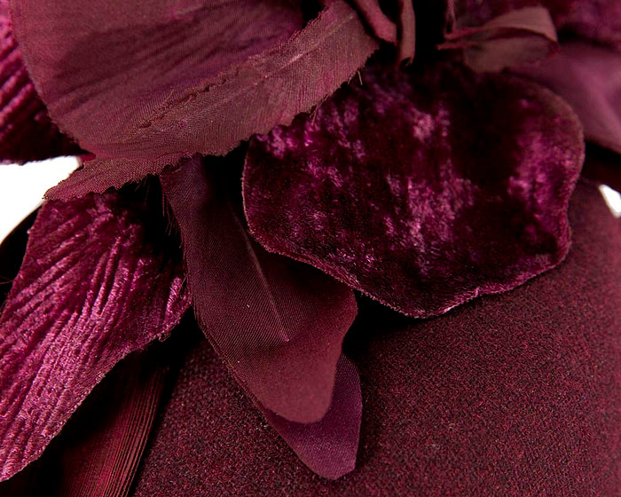 Bespoke burgundy pillbox winter fascinator with flower by Fillies Collection - Image 5
