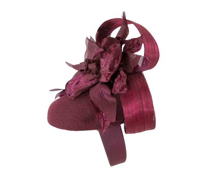 Bespoke burgundy pillbox winter fascinator with flower by Fillies Collection - Image 3