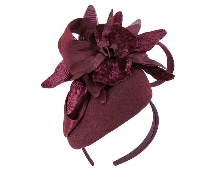 Bespoke burgundy pillbox winter fascinator with flower by Fillies Collection - Image 2