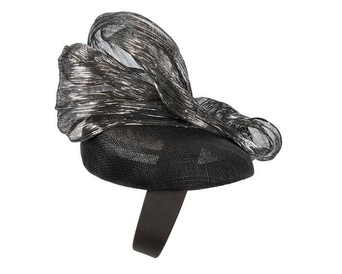 Black pillbox silver silk abaca bow by Fillies Collection - Fascinators.com.au