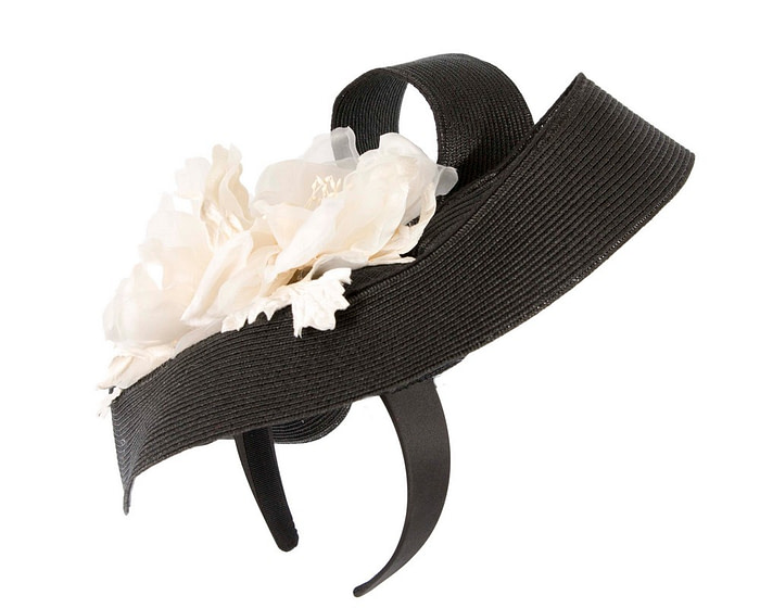 Large black fascinator with cream flower by Fillies Collection - Fascinators.com.au
