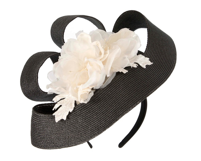 Large black fascinator with cream flower by Fillies Collection - Fascinators.com.au