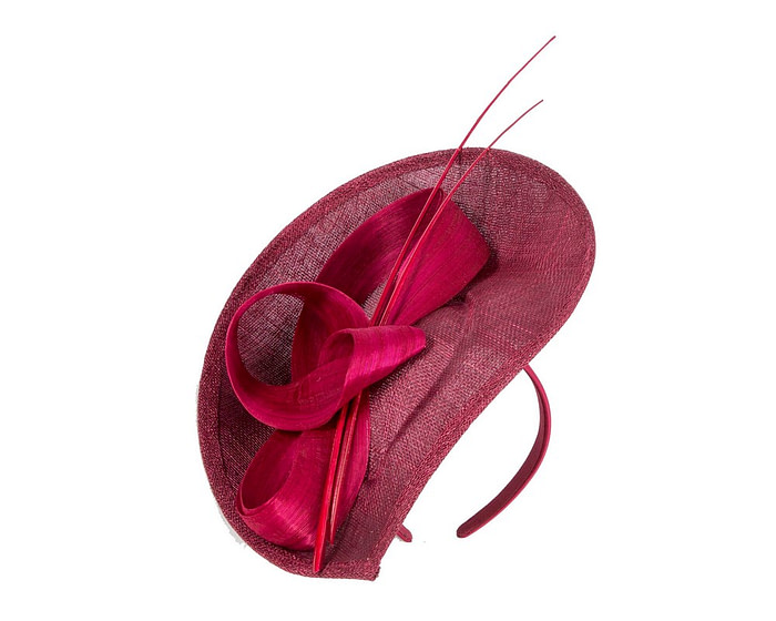 Burgundy fascinator with bow and feathers - Image 2