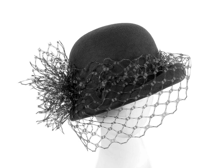 Black felt cloche winter hat by Fillies Collection - Fascinators.com.au