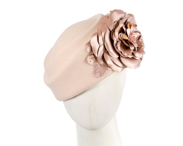 Nude felt beret with leather flower - Fascinators.com.au