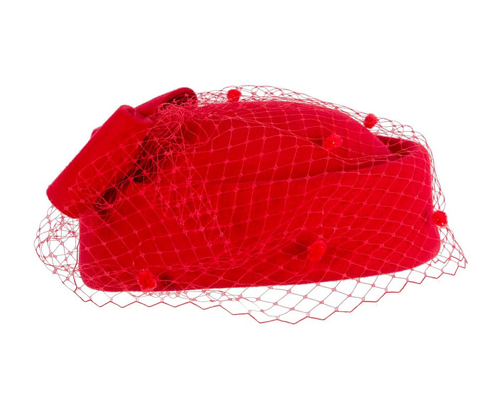 Red winter felt beret hat with face veil - Fascinators.com.au