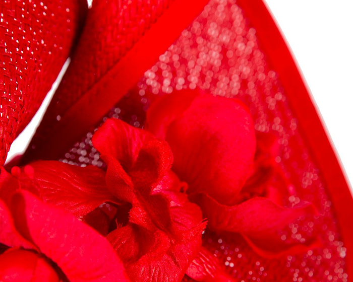 Red designers racing fascinator with orchids by Fillies Collection - Image 5