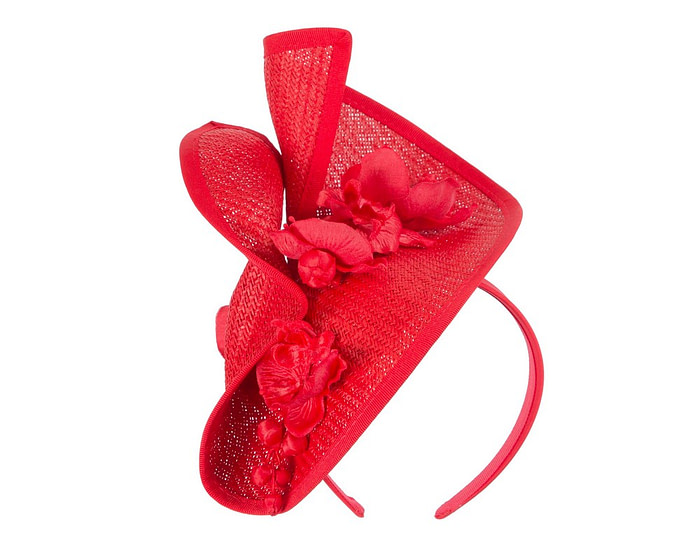 Red designers racing fascinator with orchids by Fillies Collection - Image 2