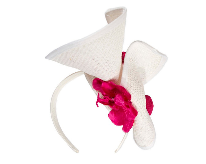 White & Fuchsia designers racing fascinator with orchids by Fillies Collection - Image 6