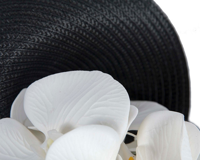 Large black fascinator with white orchid flowers by Fillies Collection - Image 3