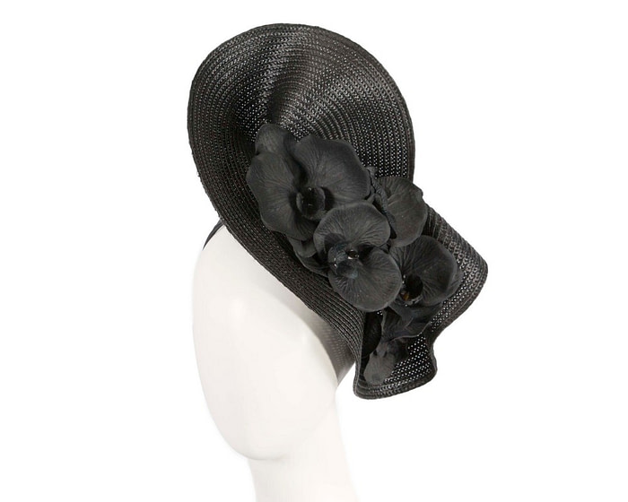 Large black fascinator with orchid flowers by Fillies Collection - Fascinators.com.au