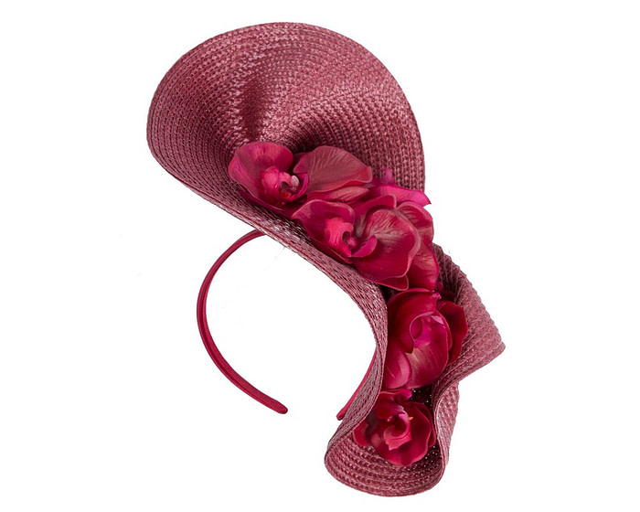 Large burgundy fascinator with orchid flowers by Fillies Collection - Fascinators.com.au