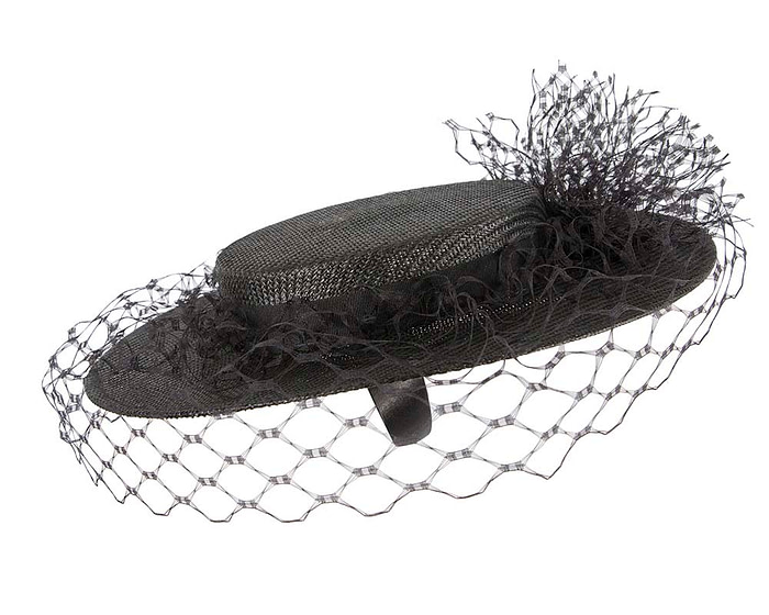 Elegant Black Boater Hat with face veil by Fillies Collection - Fascinators.com.au