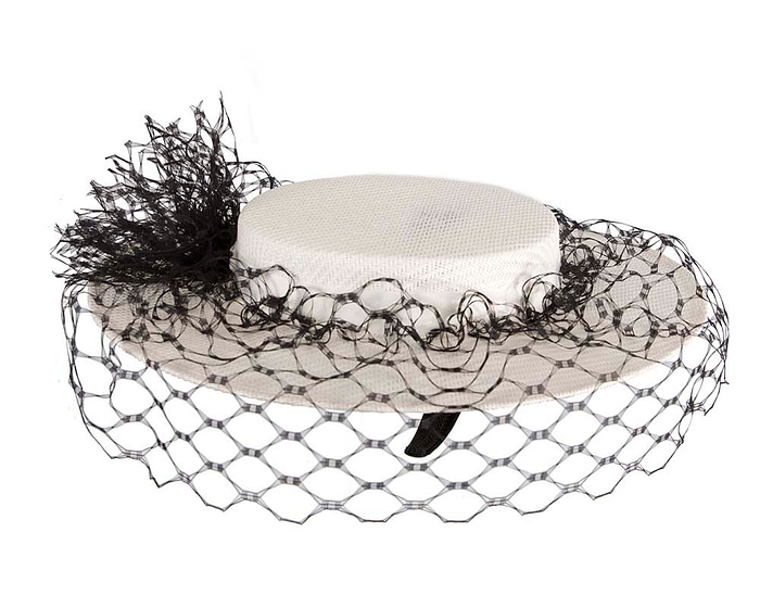 Elegant White & Black Boater Hat with face veil by Fillies Collection - Fascinators.com.au