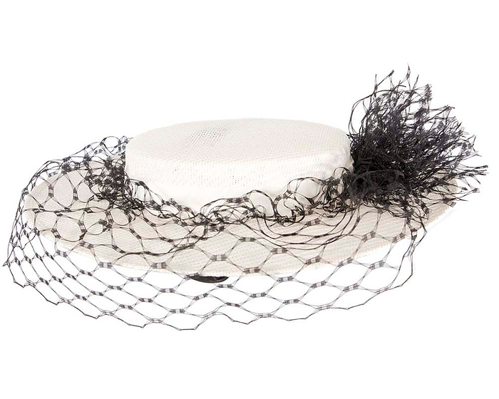 Elegant White & Black Boater Hat with face veil by Fillies Collection - Fascinators.com.au