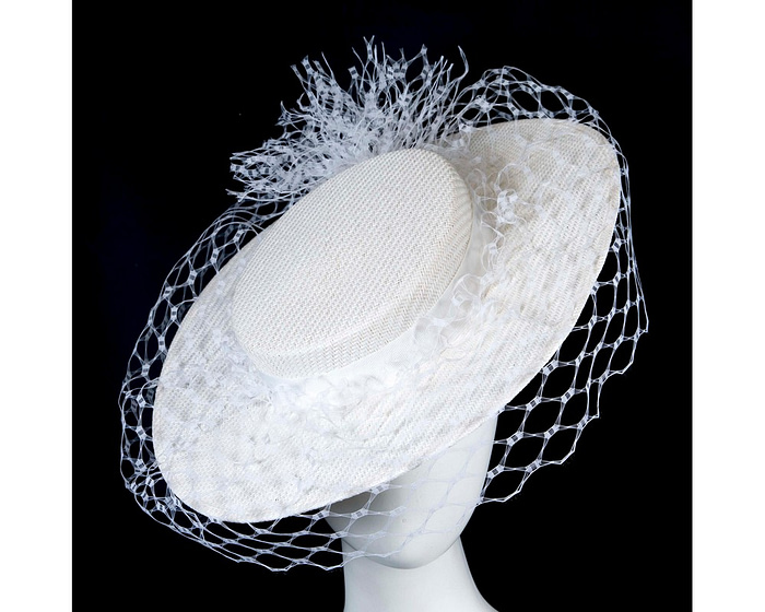 Elegant White Boater Hat with face veil by Fillies Collection - Fascinators.com.au