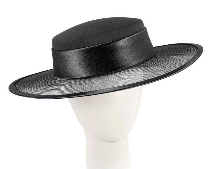 Custom made black boater hat by Cupids Millinery