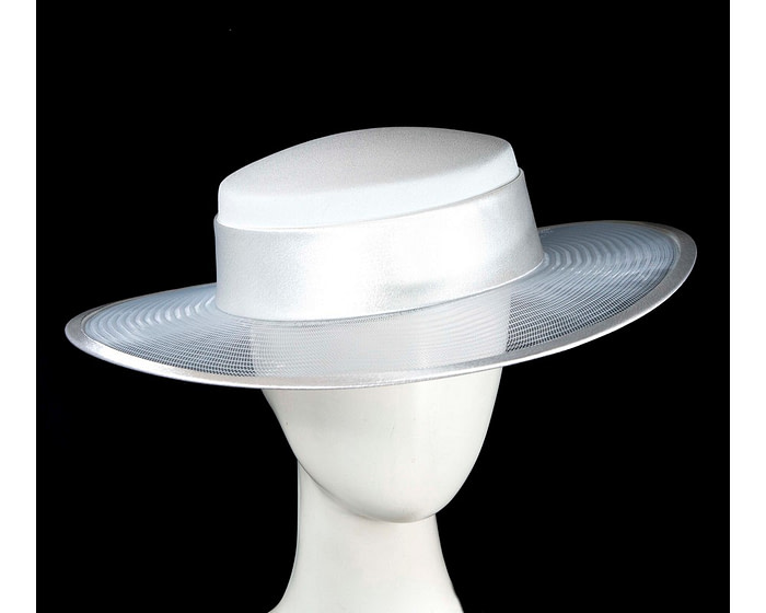 Custom made white boater hat by Cupids Millinery
