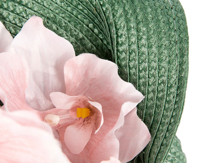 Large green fascinator with pink orchid flowers by Fillies Collection - Image 3