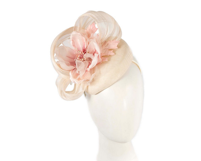 Cream and pink flower pillbox racing fascinator by Fillies Collection