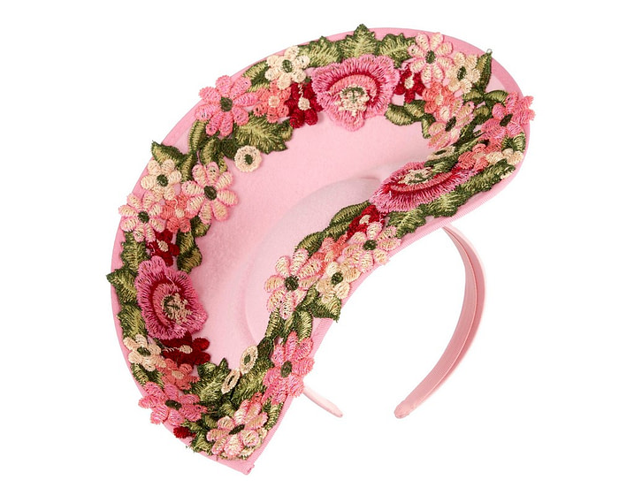 Pink Floral Fascinator with Embroidered Lace by Fillies Collection - Image 2