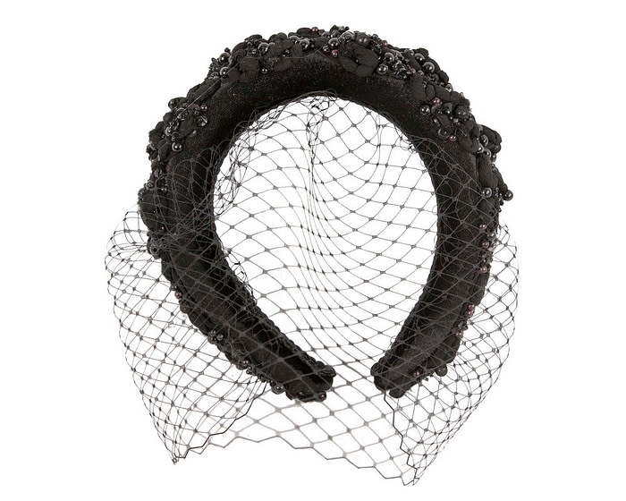 Black fascinator headband with face veil by Max Alexander - Image 2