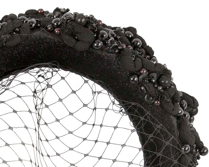 Black fascinator headband with face veil by Max Alexander - Image 3