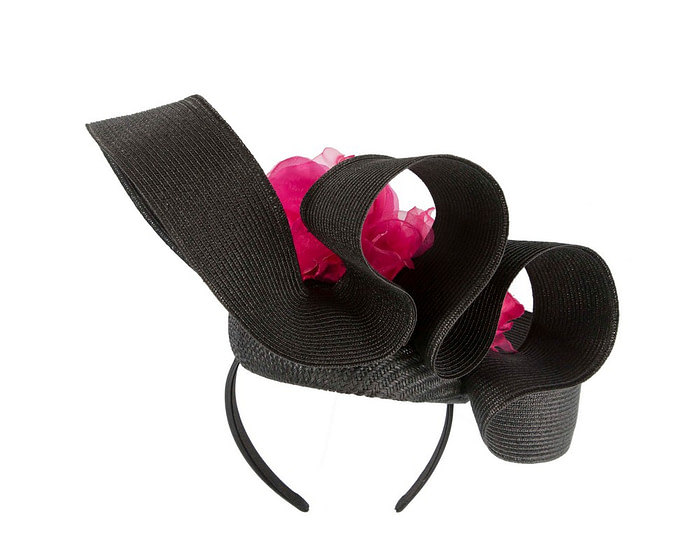 Large black fascinator with fuchsia flower by Fillies Collection - Image 6
