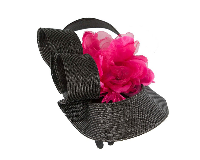 Large black fascinator with fuchsia flower by Fillies Collection - Image 4
