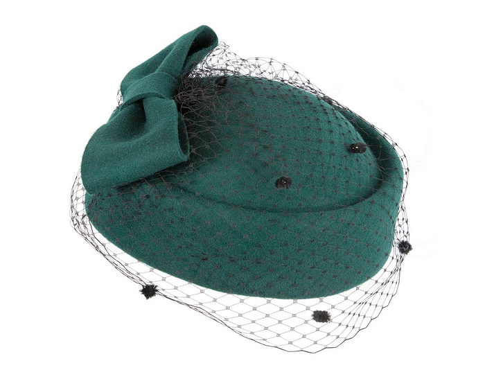 Green winter felt beret hat with face veil - Image 3