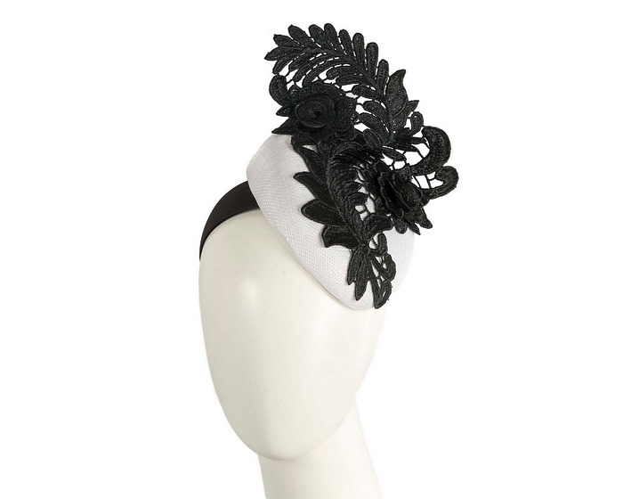 White Pillbox Fascinator with Stunning Black Lace Design