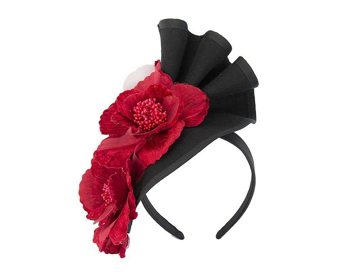 Black Fillies Collection fascinator with red flowers F591BR - Fascinators.com.au
