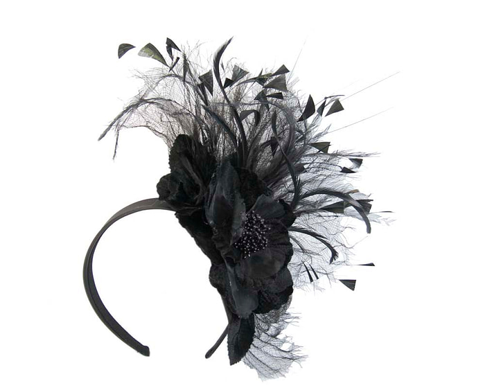 Black feather flower racing fascinator - Fascinators.com.au