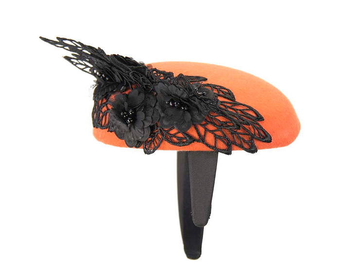 Orange & black lace winter pillbox fascinator - Fascinators.com.au