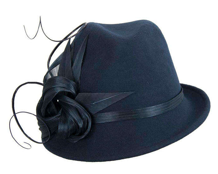 Navy ladies felt trilby hat by Fillies Collection - Fascinators.com.au