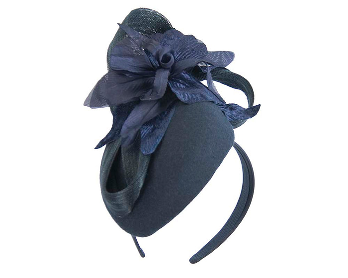 Bespoke navy pillbox winter fascinator with flower by Fillies Collection - Fascinators.com.au