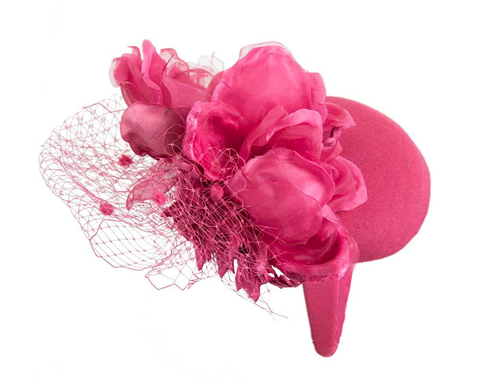 Fuchsia winter pillbox fascinator with flower by Fillies Collection - Fascinators.com.au
