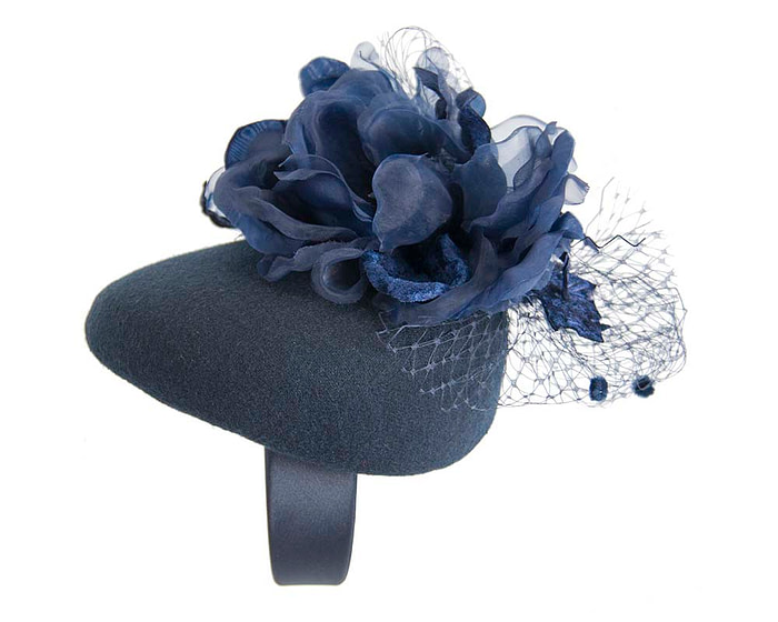 Navy winter pillbox fascinator with flower by Fillies Collection - Fascinators.com.au