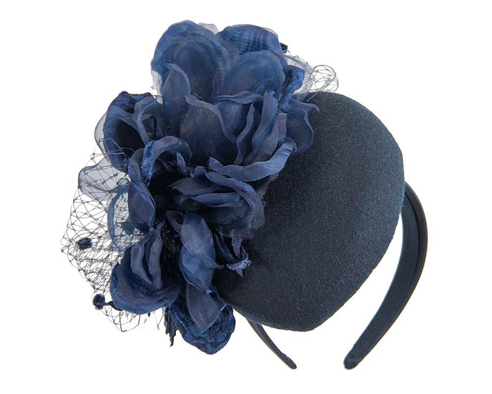 Navy winter pillbox fascinator with flower by Fillies Collection - Fascinators.com.au