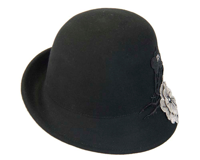 Black felt bucket cloche hat with lace - Fascinators.com.au