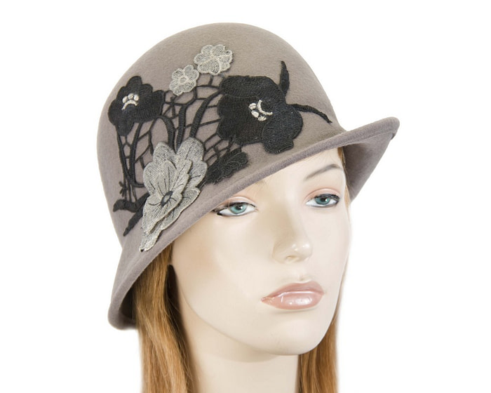 Grey felt bucket cloche hat with lace - Fascinators.com.au