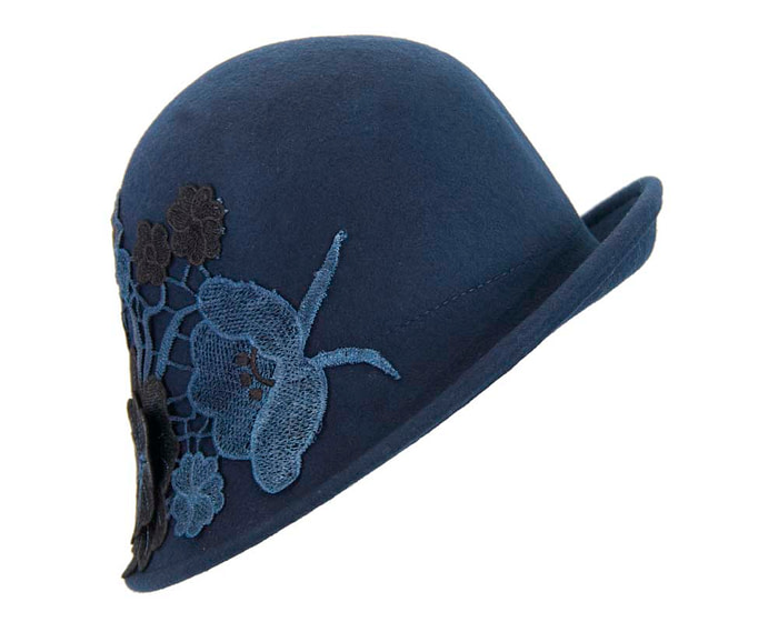 Navy felt bucket cloche hat with lace - Fascinators.com.au
