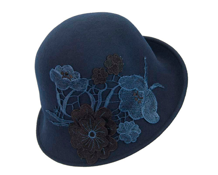 Navy felt bucket cloche hat with lace - Fascinators.com.au