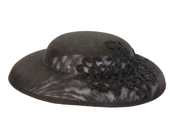Unusual black boater hat with lace by Max Alexander - Fascinators.com.au