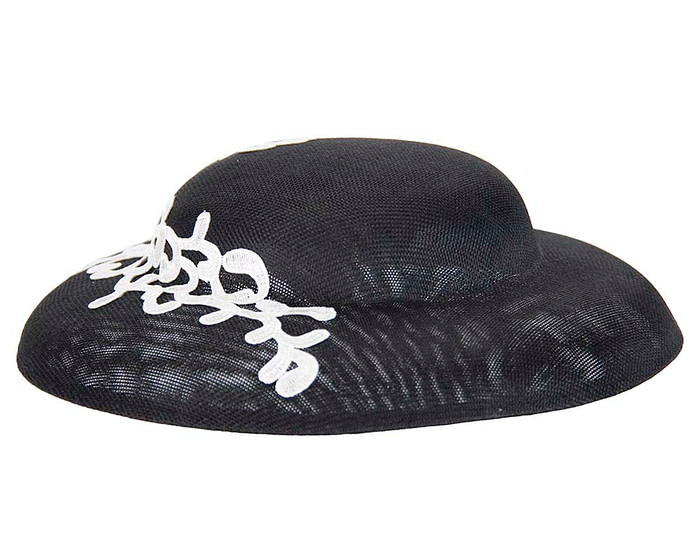 Unusual white & black boater hat with lace by Max Alexander - Fascinators.com.au