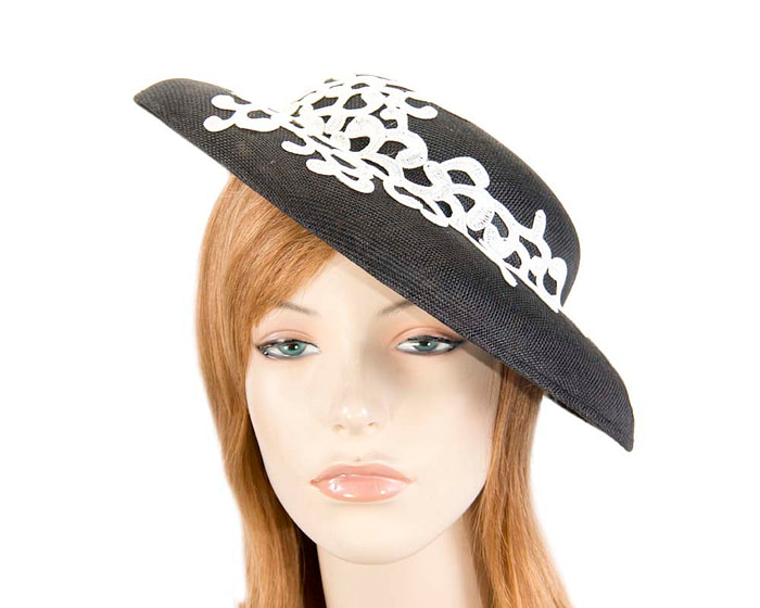 Unusual white & black boater hat with lace by Max Alexander - Fascinators.com.au